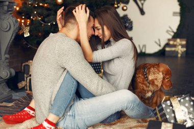 Evde Noel ağacının yanında zarif bir çift var.