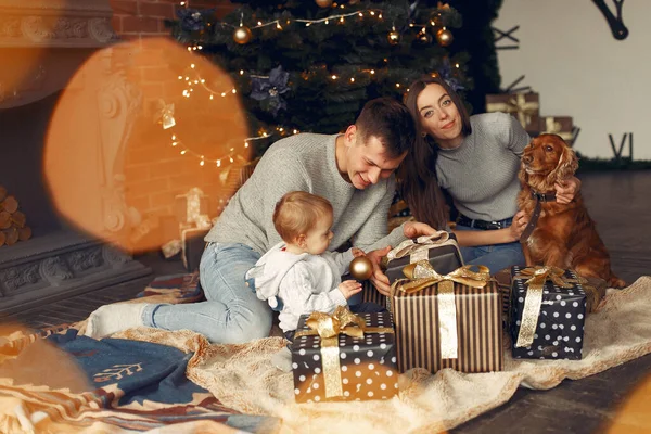 Familia con lindo perro en casa cerca del árbol de Navidad — Foto de Stock