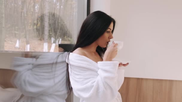 Pretty young lady in robe drinks coffee and dreams near the window — Stock Video