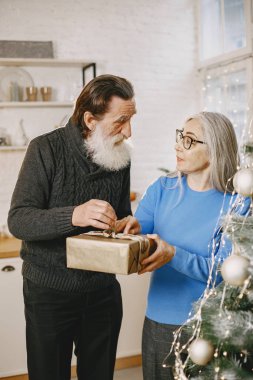 Noel ağacının yanında hediyeleri olan yaşlı çift.