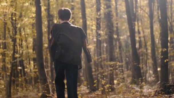 Jeune femme élégante en veste et jeans marchant seul dans le parc d'automne — Video