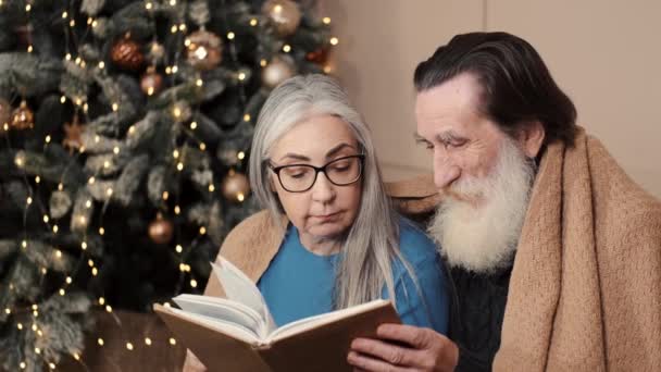 Senioren paar besteden gelukkige tijd thuis het lezen van een boek samen met een versierde kerstboom — Stockvideo