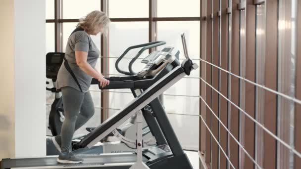 Mujer con sobrepeso haciendo ejercicio en una cinta de correr en un gimnasio — Vídeo de stock