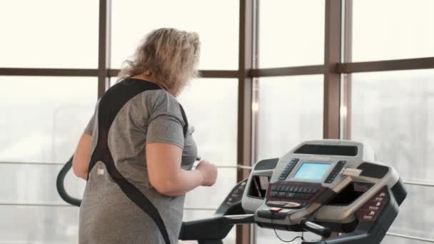 Mujer con sobrepeso haciendo ejercicio en una cinta de correr en un gimnasio — Vídeo de stock