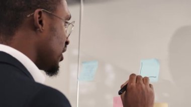 Afrika kökenli Amerikalı işadamı ofiste cam duvarın yanında duruyor şirket stratejisi ya da planı geliştiriyor.