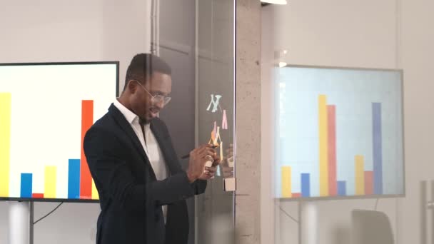 Hombre de negocios afroamericano de pie cerca de la pared de vidrio en la oficina desarrollar la estrategia de la empresa o plan — Vídeos de Stock