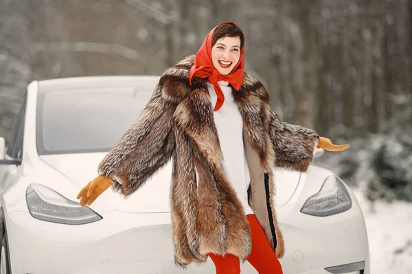 Mulher elegante em um casaco de peles posando — Fotografia de Stock