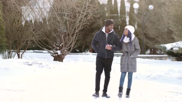 Stijlvol koppel wandelen en plezier hebben op het platteland in de winter — Stockvideo