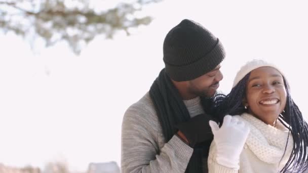 Casal afro-americano abraçando na floresta nevada — Vídeo de Stock