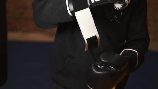 Boxer está colocando luvas boxers em suas mãos se preparando para lutar — Vídeo de Stock