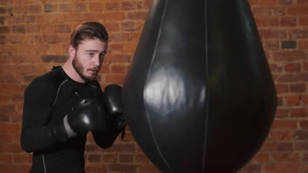 Jovem dedicado puncionando saco de boxe no ginásio — Vídeo de Stock