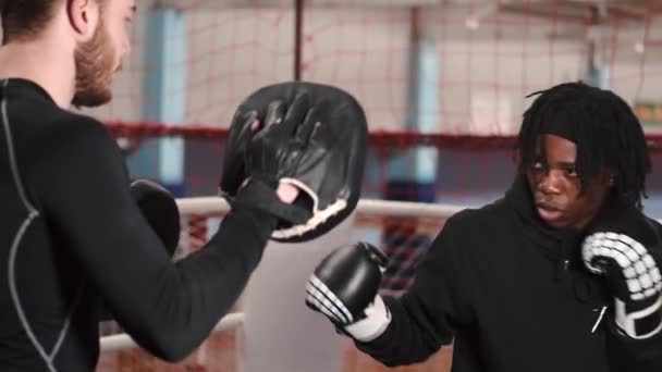 Trainer und sein Kämpfer im Ringboxen — Stockvideo