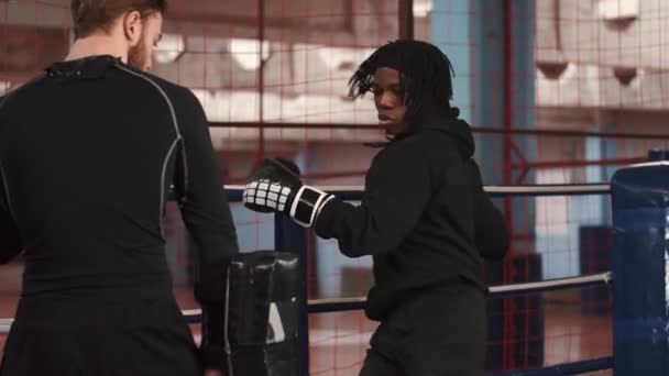Coach y su luchador en el ring boxeo — Vídeo de stock