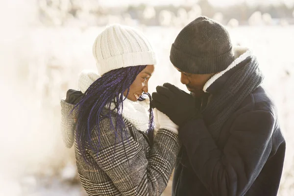 Afrikai amerikai pár egy téli erdőben — Stock Fotó