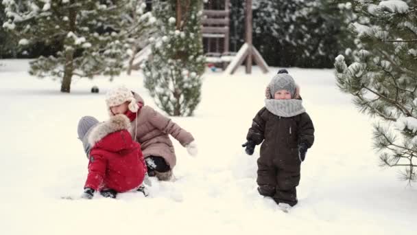 Niños i la construcción de un muñeco de nieve en un día de invierno en el patio trasero — Vídeos de Stock