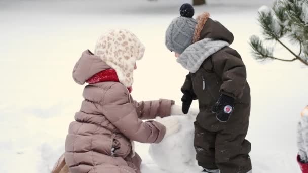 Children i building a snowman on a winter day at backyard — Stock Video