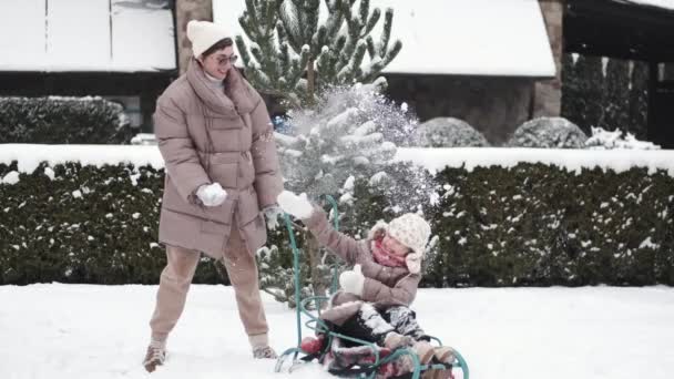 Jong gelukkig moeder en haar dochter genieten van een slee rit in een mooie besneeuwde achtertuin — Stockvideo