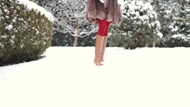 Mujer con estilo en abrigo de piel y pañuelo en la cabeza en el patio trasero de invierno — Vídeos de Stock