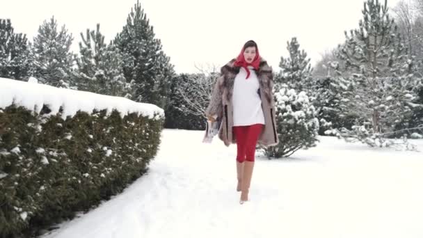 Kürk mantolu şık bir kadın ve kış bahçesinde başörtüsü. — Stok video