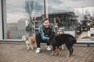 Man with a dogs in a city