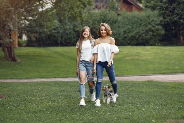Dos chicas lindas en un parque jugando con un perrito —  Fotos de Stock