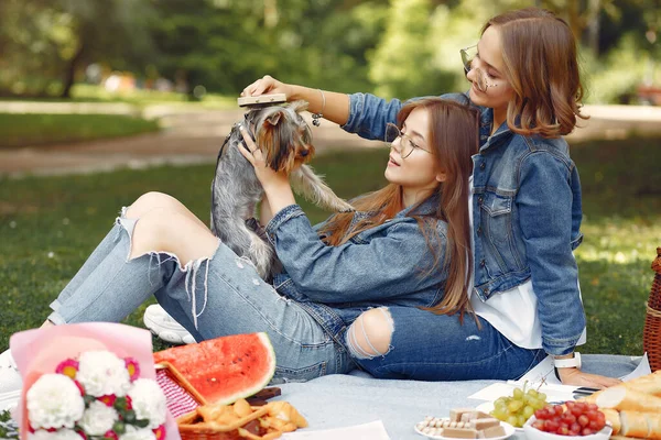 Dvě roztomilé dívky v parku hrát s malým psem — Stock fotografie