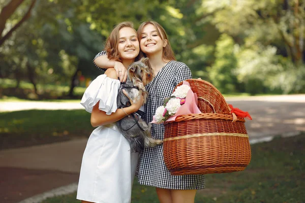 Due ragazze carine in un parco a giocare con il cagnolino — Foto Stock