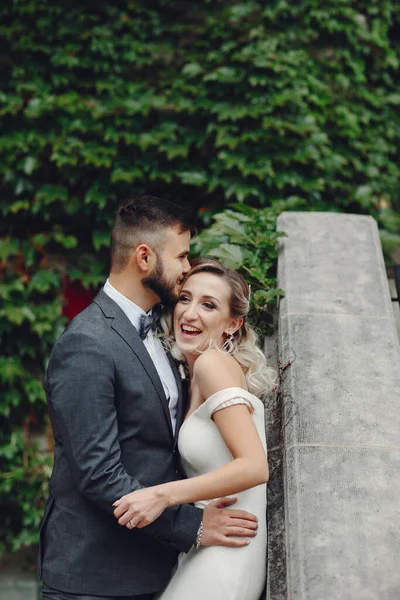 Casal de casamento andando no parque perto da universidade em Chicago — Fotografia de Stock