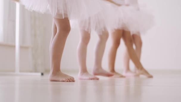 Pernas de pequenas bailarinas em pose na classe de balé — Vídeo de Stock