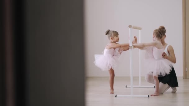 Menina praticando elementos coreográficos no ballet barre com a ajuda do professor na escola de dança — Vídeo de Stock