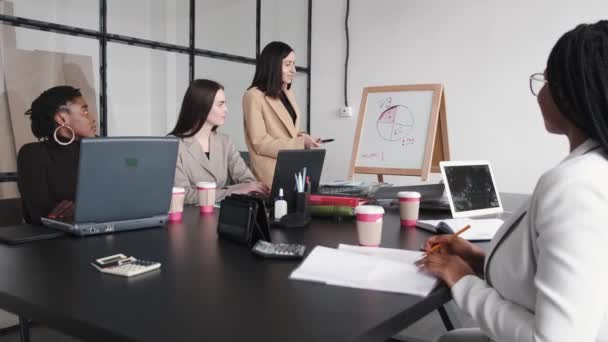Женщина представляет проект коллегам в офисе — стоковое видео