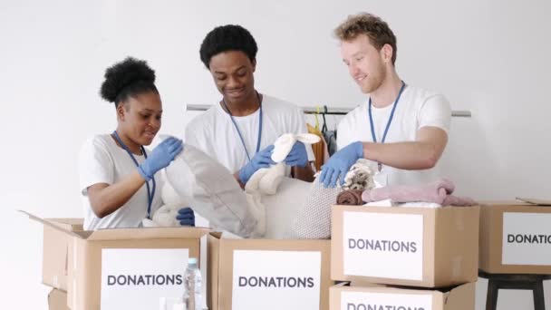 不同的慈善志愿者对捐赠物品进行分类 — 图库视频影像