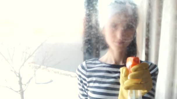 Pencereyi paçavra ve spreyle temizleyen kadın. — Stok video