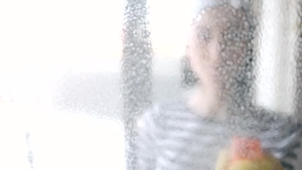 Kobieta czyści okno szmatą i sprayem — Wideo stockowe