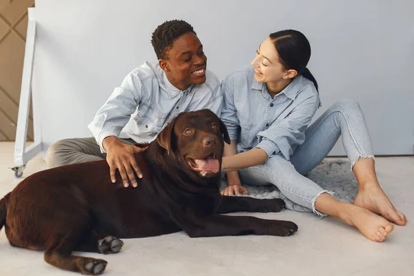 Міжнародна пара на синьому фоні з собакою — стокове фото