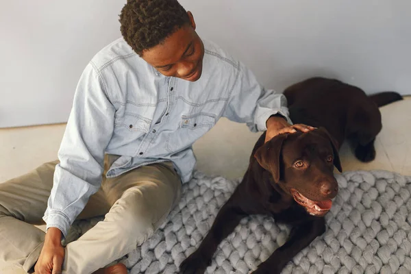 Красивий чорний чоловік сидить на синьому фоні з собакою — стокове фото