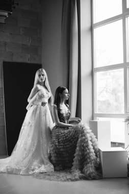 Stüdyoda zarif bir elbise içinde poz veren güzel kadınlar.