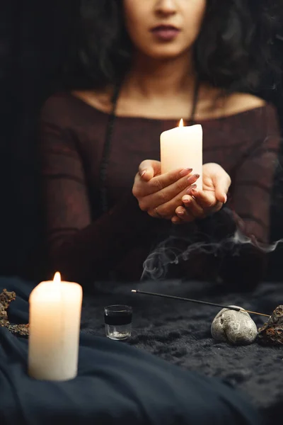 Portrait of fortune-teller in a dark room — Stock Photo, Image