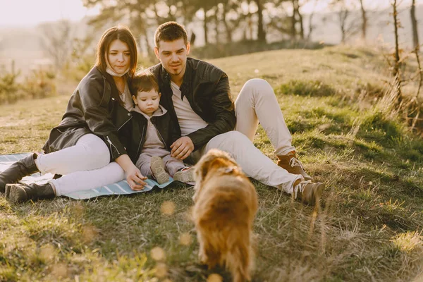 Família elegante sentado em um campo de primavera — Fotografia de Stock