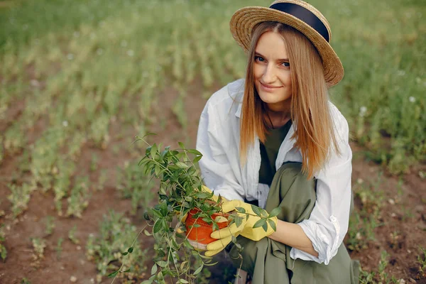 Wanita cantik di ladang musim panas — Stok Foto