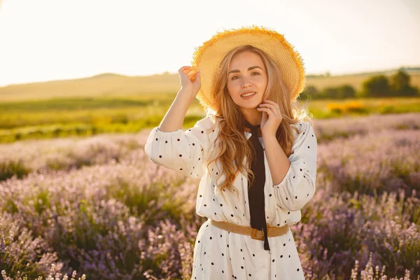 Woman in a white dress in a lavender field — Stock Photo, Image