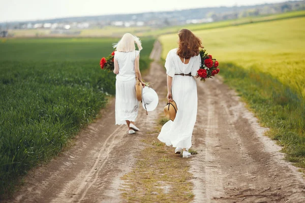 Mujeres en vestido elegante de pie en un campo de verano — Foto de Stock