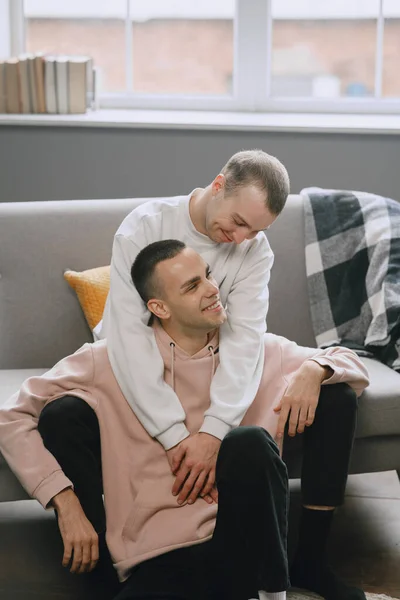 Young romantic gay couple spending day cuddling — Stock Photo, Image