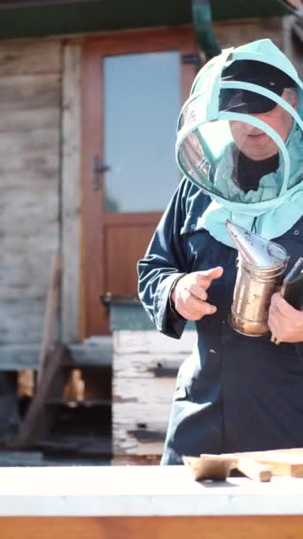 Senior-Imker sammelt Honig aus Waben — Stockvideo
