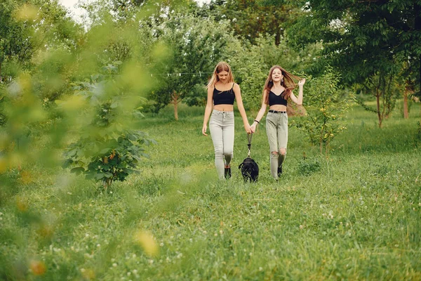 Zwei süße Mädchen in einem Sommerpark mit Hund — Stockfoto