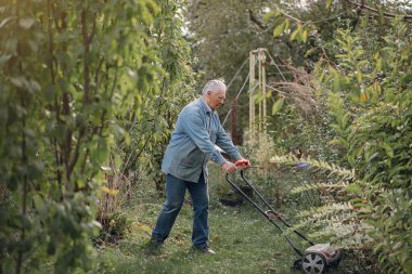 Sunbae, çim biçme makinesiyle çimenleri biçiyor.