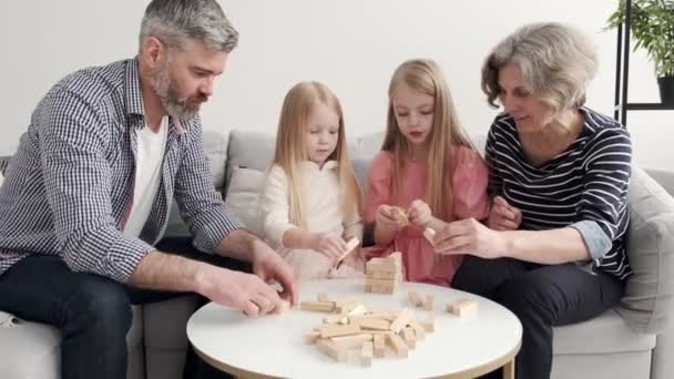 祖父母和两个女孩玩塔牌游戏 — 图库视频影像