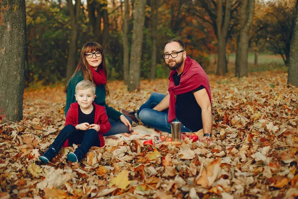 Rodina s malým synem v podzimním parku — Stock fotografie