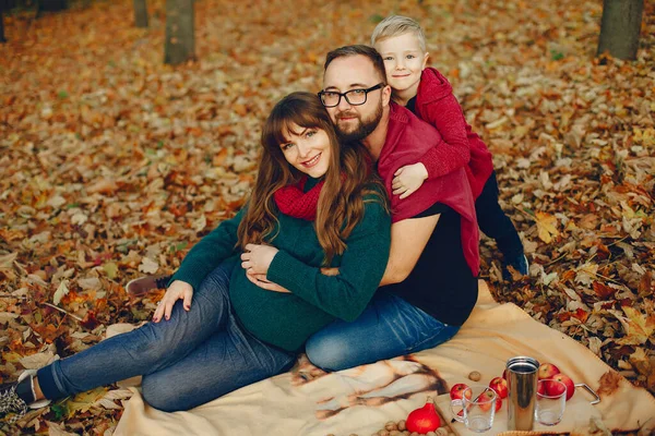 Família com filho pequeno em um parque de outono — Fotografia de Stock