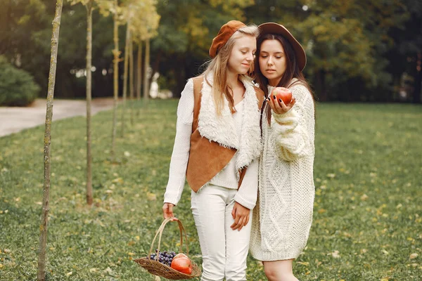Elegantní a stylové dívky v podzimním parku — Stock fotografie